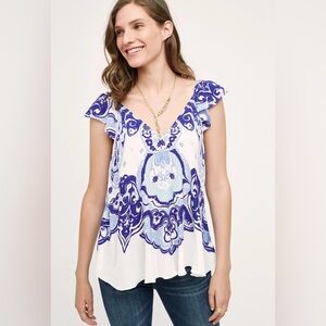 Maeve Anthropologie Flutter Sleeve Blue and White Tunic